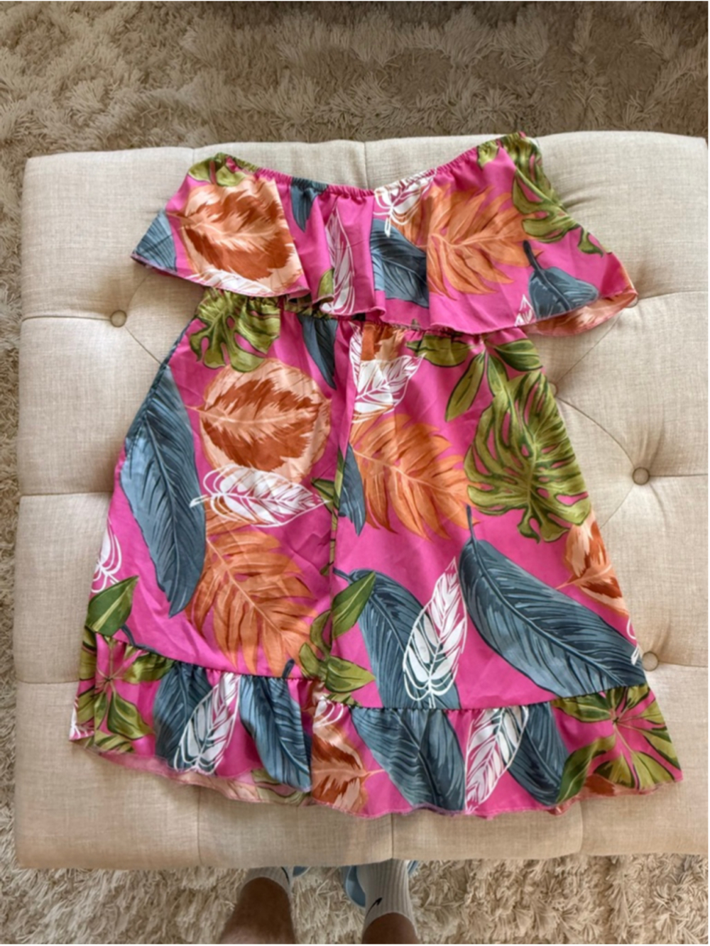 Women's Pink Green Tropical Leaf Off-Shoulder Mini Dress S